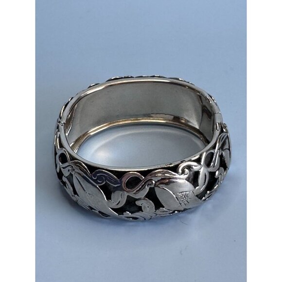 Silver-Tone Floral Vine Hinged Bangle Bracelet 7" Around 1" Wide Elegant Design - Picture 1 of 8